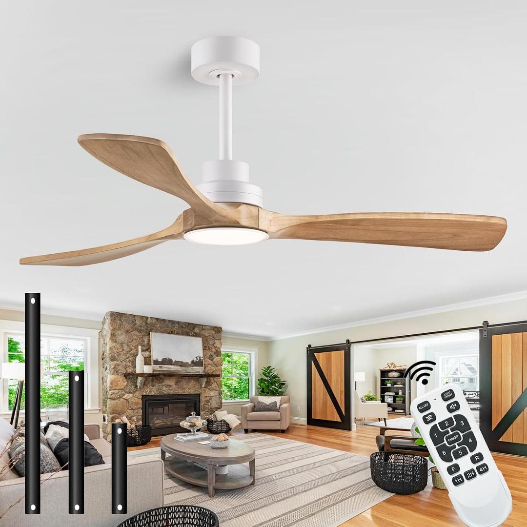 52" Ceiling Fans with Light with Remote Control Ceiling Fans with 3 Wood Blades, Solid Wood Ceiling Fan Indoor Outdoor for Dining Room, Living Room, Office, Farmhouse etc. White + Original Wood, 52-inch