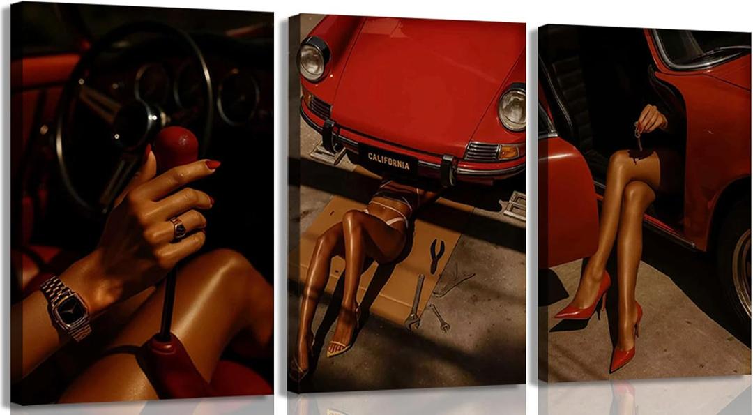 3Pcs Red Trendy Black Woman Canvas Wall Art Sexy African American Woman Painting Wall Decor Red Vintage Car Picture Print Artwork For bedroom living room and garage decoration 12x16in Framed (16L"x12W")