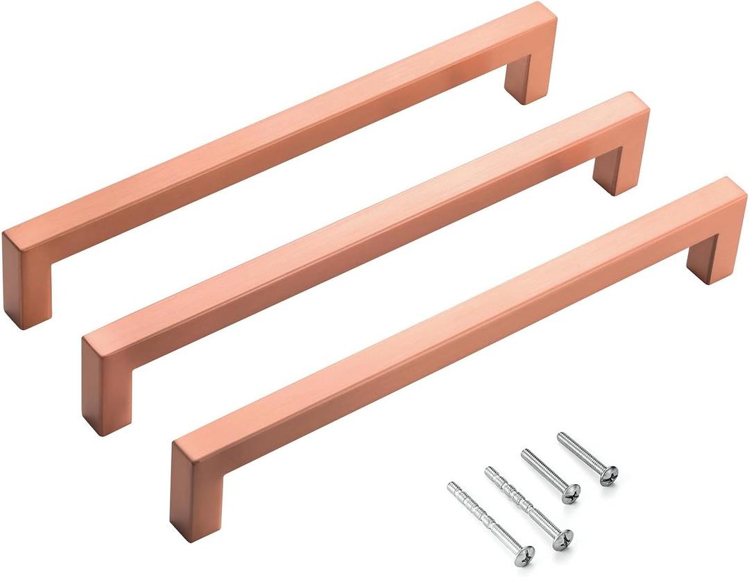10 Pack Cabinet Handles 8 Inch Brushed Copper Square Cabinet Pulls Copper Dresser Drawer Handles Modern Stainless Steel Kitchen Cabinet Hardware Cupboard Handles (8 inch hole center (203mm))