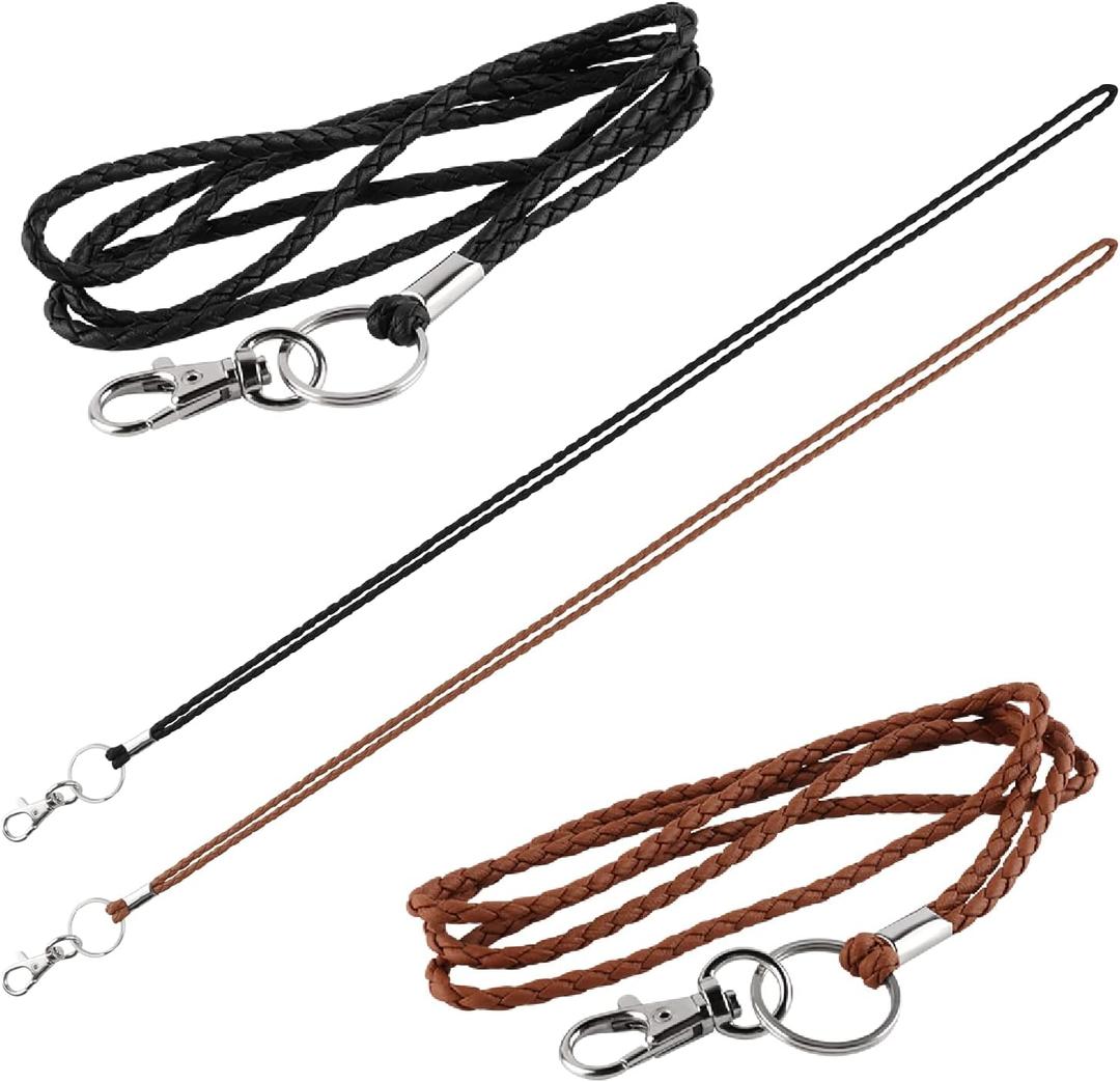 PLENTY Leather Lanyard, 2PCS Handmade 23inch Strong Office Necklace Lanyard with Clip and Keychain for Keys, ID Badge Holder, Camera, Cell Phone, iPod MP3 MP4, USB Flash Drive (Black,Brown)