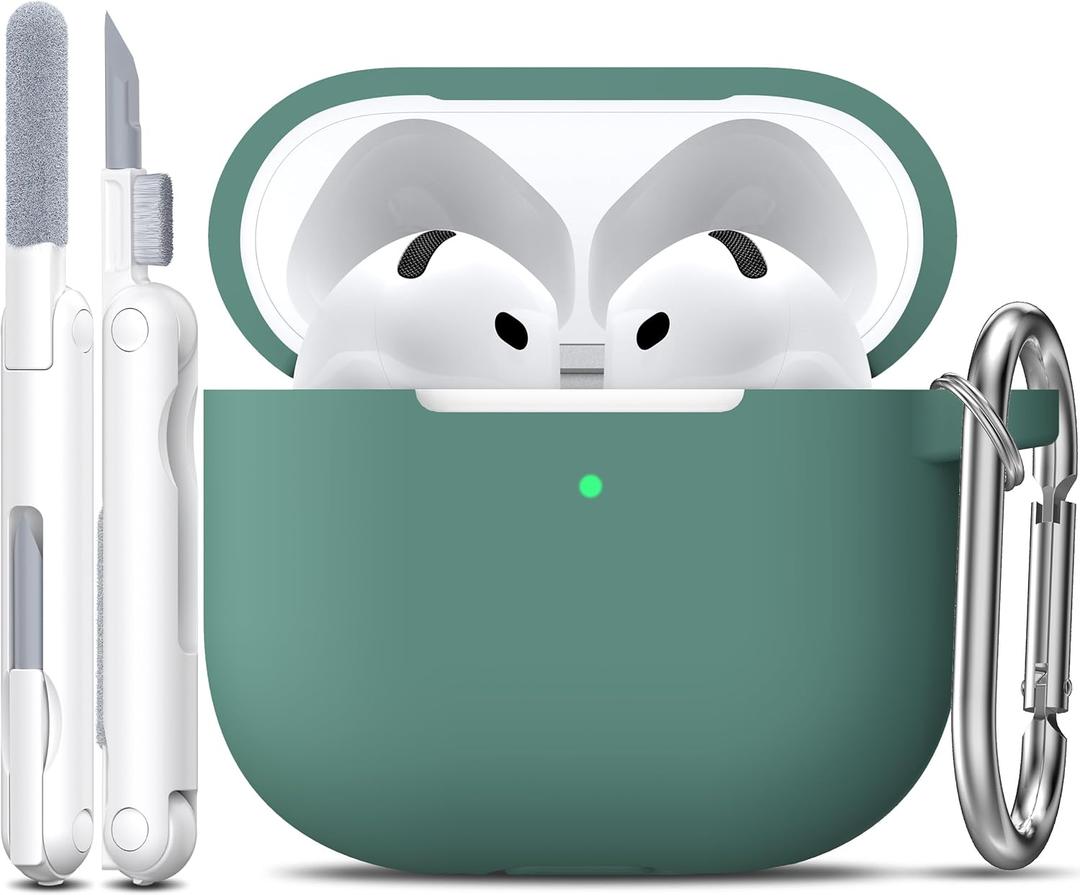 R-fun for Airpods 4 Case Cover with Cleaner Kit, Soft Silicone Case with Keychain, Full Protective Cover for Men and Women, Compatible with Apple Latest Airpods 4, Pine Green