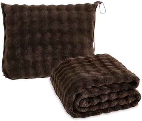 SOCHOW Travel Blanket for Airplane Train and Car, Soft Travel Blanket or Pillow 2 in 1 Compact with Portable Bag Pillowcase, Flight Blanket with Luggage Sleeve and Backpack Clip, Brown