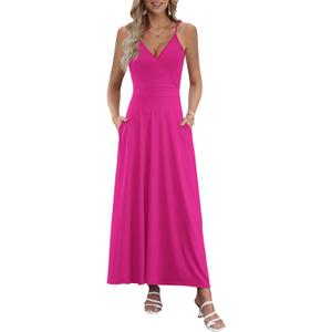AUSELILY Womens Summer Dress 2025 Sleeveless V Neck Formal Party Evening Cocktail Long Dress with Pockets (Pink, S)