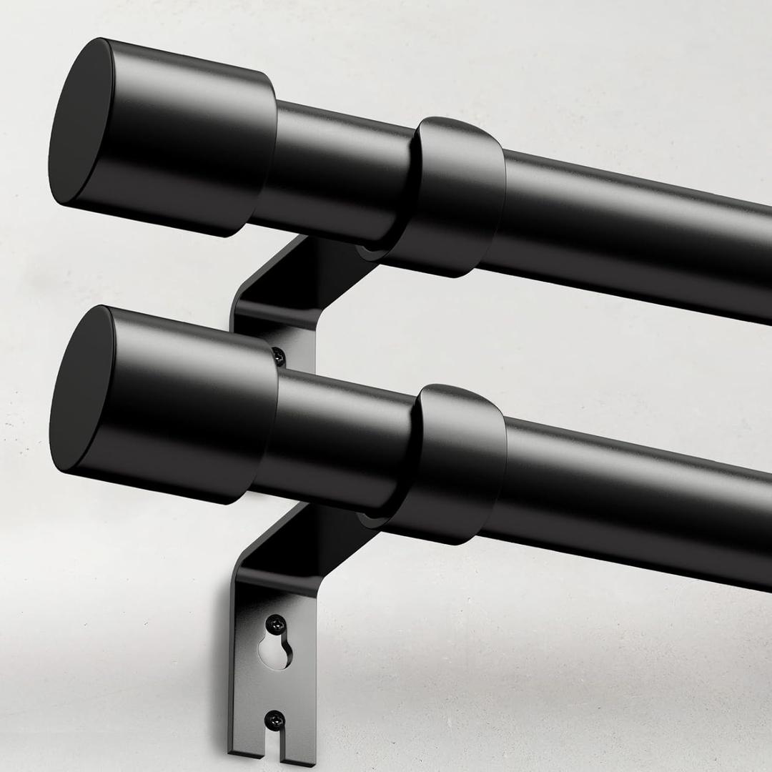 2 Pack Heavy Duty Curtain Rods for Windows 48 to 84 Inch, 1 Inch Black Curtain Rods Set of 2 Pack for Outdoor, Farmhouse, Bedroom, Adjustable Easy Install Drapery Rod (A2,Black,30"-90"-2Pack)