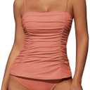 ZAFUL Womens Tankini Swimsuits 2025 Spaghetti Strap Two Pieces Ruched Top Tummy Control High Waisted Bottom Bathing Suits (Medium, 1-pink)