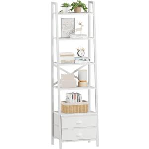 Furologee 5Tier Ladder Shelf with 2 Drawers,Narrow Bookshelf Storage Shelves,Industrial Bookcase Freestanding Rack Units for Bedroom,Living Room,Bathroom,Home Office,Balcony,Wood Metal, White
