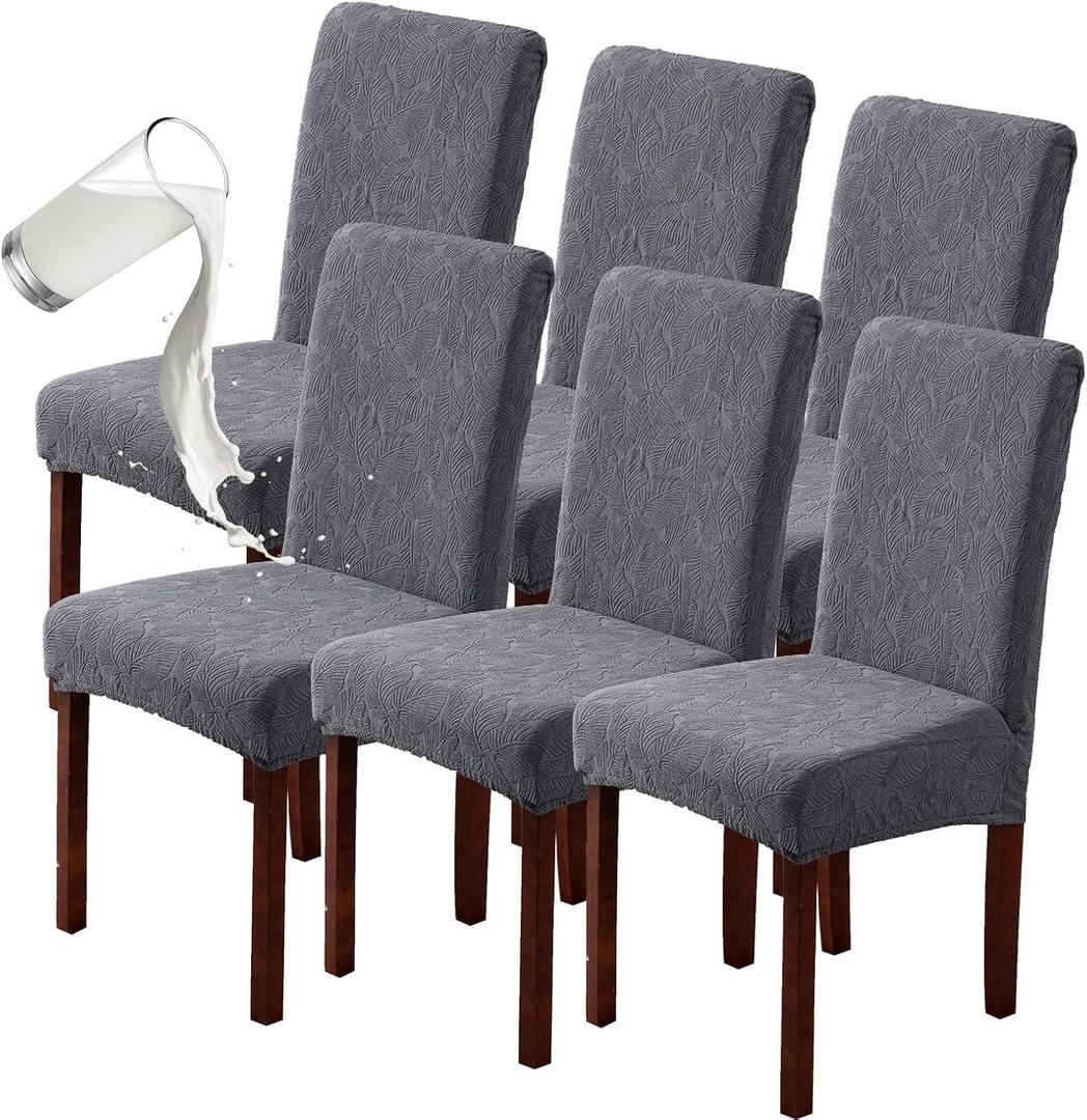 Genina 100% Waterproof Dining Room Chair Covers Set of 6 Stretch Kitchen Chair Covers Parsons Chair Slipcovers for Dining Room Chair Protector Cover, Removable, Washable (Leaf Pattern-Dark Gray, L)
