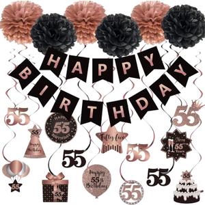 BRT Bearingshui Happy 55th Birthday Hanging Swirls Streamers Decoration, Banner with Tissue Pompoms, Rose Gold & Black 55 Years Old Birthday Party Hanging Backdrop Decorations