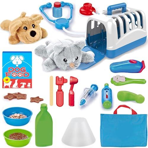34-Piece Kids Pretend Vet Playset, Veterinarian Role Play Doctor Toy Kit with Plush Dog & Cat, Pet Care Grooming Set with Carrier & Medical Tools