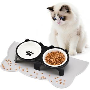 Ceramic Elevated Cat Bowls Kitty Bowls - 15 Tilt Anti-Vomiting, Silicone Mat Included, Whisker Friendly for Indoor Cats & Small Dogs (2-Pack) (Black)