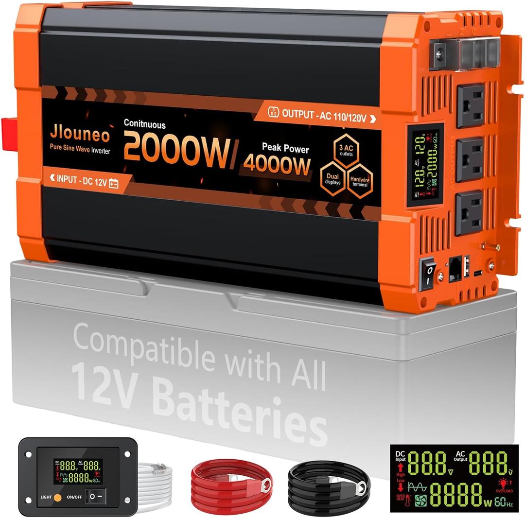 2000 Watt Inverter, Pure Sine Wave Inverter 12V to 110V, Power Inverters for Vehicles, Car, Solar, RV, Truck, Surge 4000W Inverter with 3AC Outlet, 2USB Port, Remote, Intelligent LCD, Hardwire Port (Matte Orange)