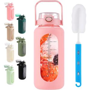 Glass Water Bottle with Straw and Handle Lid Half Gallon Motivational Glass Bottle with Silicone Sleeve and Time Marker Large Reusable Sports Water Jug for Gym Home Workout (64 Ounces, Pink)