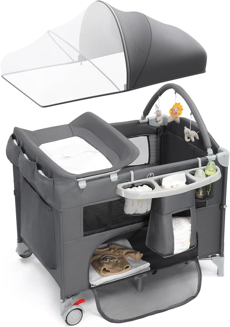 Ktaxon 5 in 1 Bedside Bassinet, Pack and Play, Bedside Crib with Diaper Changer, Spacious Storage Basket, Protective Mosquito Net, Engaging Toy Bar and Travel Bag for Newborn to Toddler(Grey)