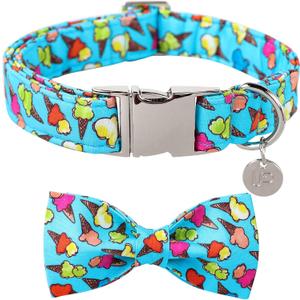 Summer Dog Collar with Bow Tie, Cotton Cute Bowtie Collar, Comfortable Blue Collar with Metal Buckle, M