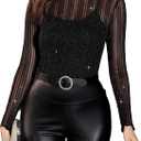 Women's Mesh Sheer Striped Mock Neck Long Sleeve Club Blouse Shirt Top (L)