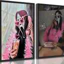 2Pcs Halloween Ghosts Mask Wall Art Modern Pink Academic Gothic Romantic Ghost Wall Decor Pictures Horror Funny Preppy Canvas Posters Prints for Corridor Restroom Toilet Bedroom Decoration Unframed (Poster, 16x24in) (24L"x16W")