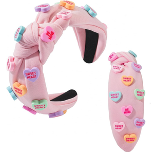 Holiday Heart Candy Embellished Red Headband Conversation Love Heart Charm Knotted Headband Non Slip Wide Top Knot Fashion Hairband Hair Accessories for Women (red)