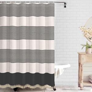 bufftieo Black Shower Curtain for Bathroom Boho Linen Farmhouse Tassel Shower Curtain Set 72" x 72"
