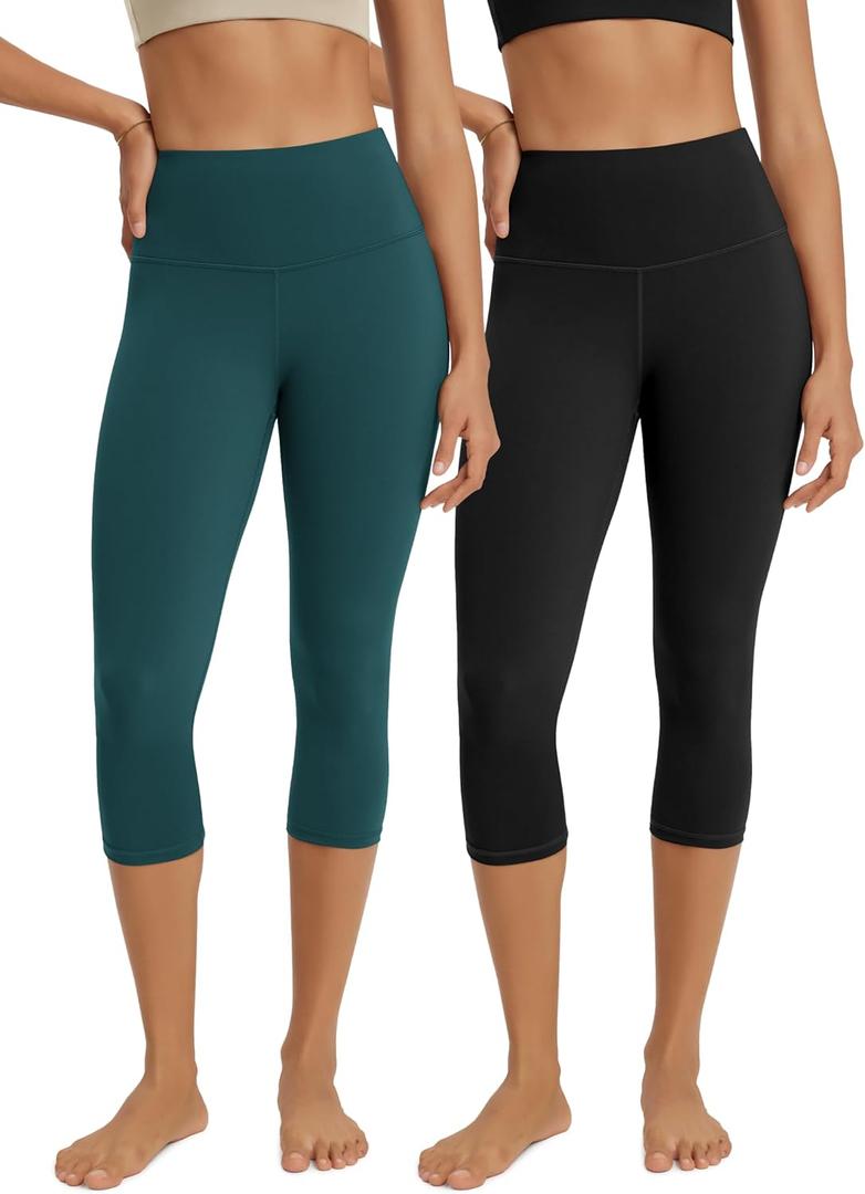 ODODOS 2-Pack High Waist Workout Capris for Women, 19" Tummy Control Athletic Running Cropped Leggings, Black+Forest Teal, Small (S)
