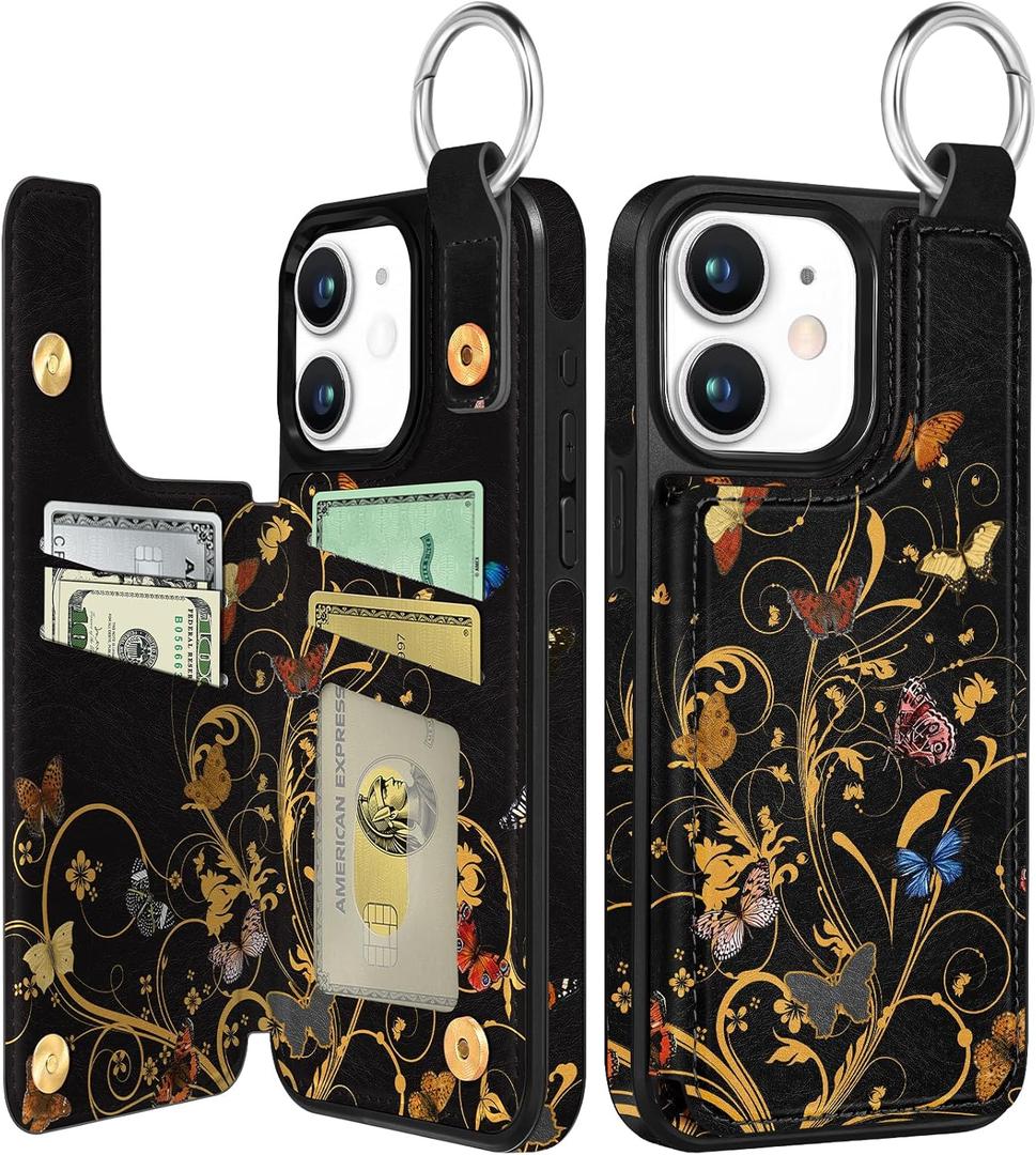 Shorogyt Compatible with iPhone 11 Wallet Case with Card Holder - Designer Golden Butterfly Pattern Kickstand Magnetic Clasp Back Flip Folio Leather Phone Covers for Women Men Girls