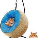 Fhiny Coconut Hamster Hideout Hammock, Natural Raw Coco Husk Bed House with Warm Pad Small Animal Habitat Decor Hanging Coconut Shell Cage Accessories for Dwarf Hamster Gerbil Sugar Glider Mice