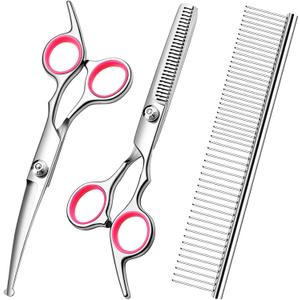 FAIGEO Dog Grooming Scissors with Safety Round Tips Stainless Steel Professional Dog Grooming Kit - Thinning, Curved Scissors and Comb for Cat Pet (Pink 4 in 1)