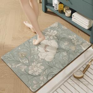 LUMI Ultra Thin Bathroom Rugs 24"x43", Absorbent Non-Slip Floor Mat, Quick Drying Easy Clean Design Mat for Bath, Sink, Desk and Entrance, White Flower