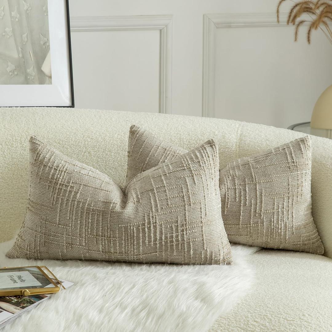 MANDIOO Pack of 2 Soft Chenille Textured Throw Pillow Covers Lumbar Accent Solid Decorative Cushion Cover Cozy Farmhouse Pillow Case for Couch Sofa Bed Living Room 12x20 Inch Khaki