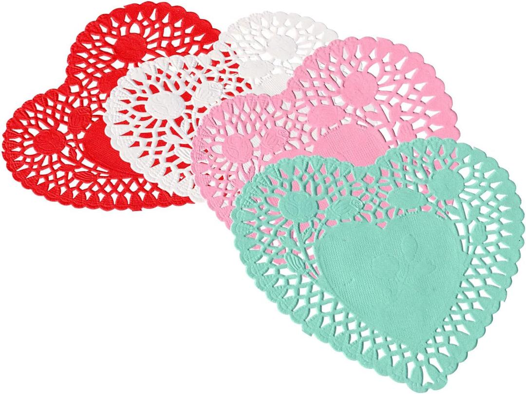 Heart Doilies: Elegant Paper Doilies for Crafts and Valentines 6 inch-100 Pcs of Paper Heart Doilies in Red, Pink, White, Blue (25 Each).