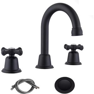 RKF Bathroom Faucets for Sink 3 Hole Matt Black 8 inch Widespread Bathroom Sink Faucet with Drain 2 Handles Cross Knobs Faucet Vanity Faucet Basin Mixer Tap with Hose & Deck CWF039-MB