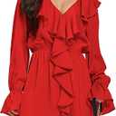 2026 Dresses for Women V Neck Puff Fall Long Sleeve High Waist Ruffle Casual A-Line Swing Mini Dress Red, XXL