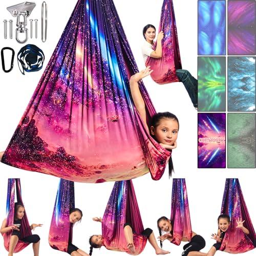 Sensory Swing for Kids & Adults Holds up to 300lbs Indoor & Outdoor Double Layer Therapy Cuddle Swing with 360° Swivel Hanger Kit for Calming, Effect for Autism, ADHD or SPD. (Fantasy Pink)