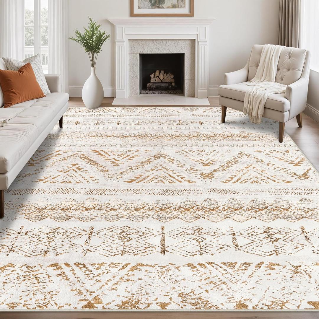 Area Rug Living Room Carpet: 8x10 Large Moroccan Soft Fluffy Geometric Washable Bedroom Rugs Dining Room Home Office Nursery Low Pile Decor Under Kitchen Table Light Brown/Ivory