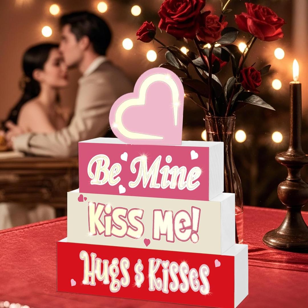 2 x Valentines Day Decor Wooden Sign with LED Lights Table Mantle Valentines Gifts Battery Operated Valentine Decorations Farmhouse Home Tiered Tray Decor