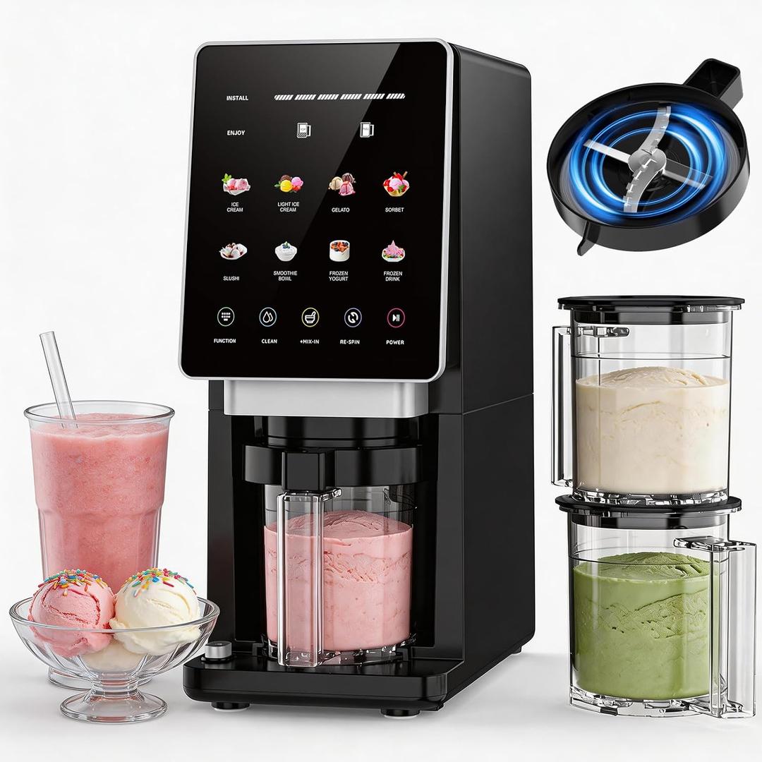 H-Duka 10-in-1 Ice Cream Maker Machine, 800W Frozen Treat Maker for Silky Gelato, Sorbet&Slushies, One-Touch Mix-In & Re-Spin for Creamy Texture, Keto & Vegan, Includes 3 Pints & Recipe Guide, Black