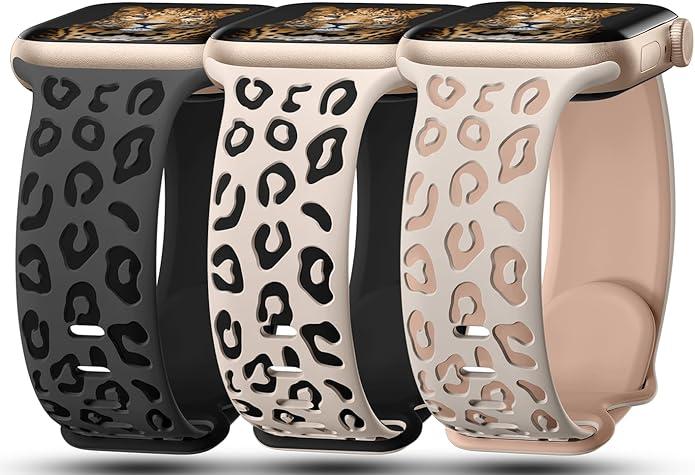3 Pack Leopard Engraved Bands Compatible with Apple Watch Band 41mm 40mm 38mm 42mm 44mm 45mm 46mm 49mm Women, Soft Silicone Cheetah Embossed Sport Strap for iWatch Series 10 9 8 7 6 5 4 3 2 1 Ultra