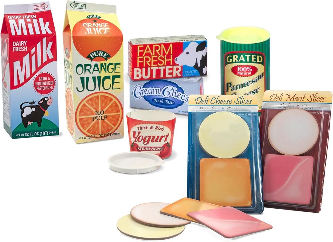 Melissa & Doug Fridge Fillers Grocery Play Food Cartons (8 Pieces) Wooden Toy Groceries, Pretend Play Food, Kitchen Accessories for Kids Ages 3+ - FSC Certified