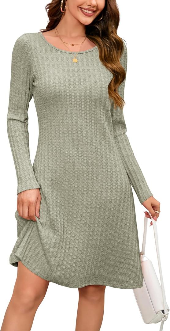OUGES 2025 Fall Sweater Dress for Women Crew Neck Long Sleeve Knit Lightweight Casual Dresses (Small, Gray Green)