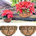 LaLaGreen Outdoor Wall Planters (2 Pack, 16 Inch) Black Metal Wall Mounted Hanging Basket with Coco Liner, Large Flower Pot Plant Holder Planter for Fence Railing Deck Porch Balcony Modern Home Decor