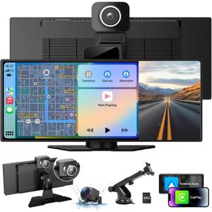 10.26" Wireless CarPlay & Android Auto Screen with 4K Dash Cam, GPS Navigation, Bluetooth, Backup Camera, Touchscreen Portable Car Stereo for All Vehicles, Easy Dashboard Mount