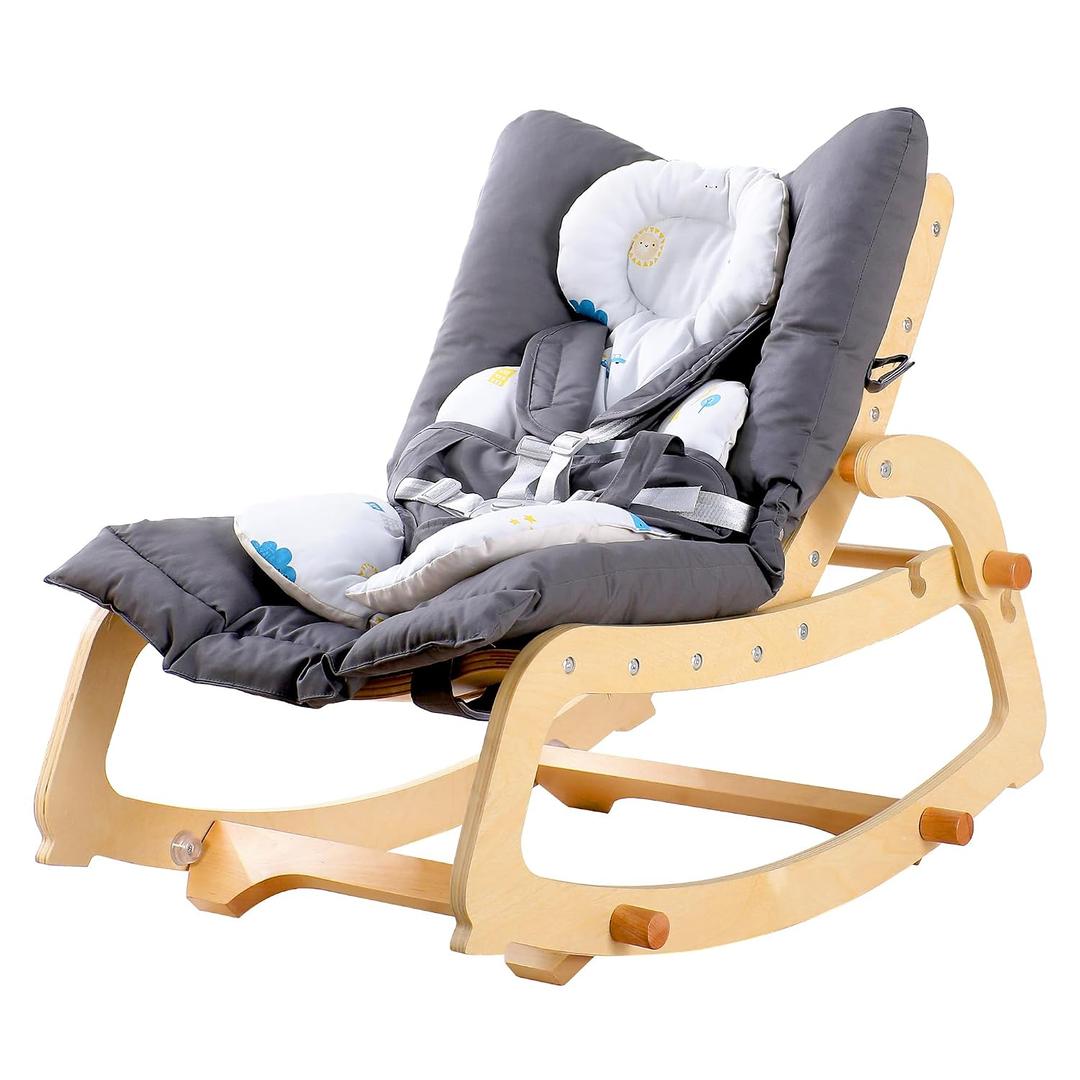 MallBest 3-in-1 Baby Rocker Chair with Double Cushions, for 0-12 Months, Adjustable Wooden Infant Rocker with Removable Cushion and 5-Point Harness for Infant to ToddlerGrey