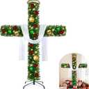 Large 6ft Cross Christmas Tree with Lights and Hanging BallsIncluded White Silk Scarf & Crown of Thorns Jesus Christian Ornaments for Christmas Easter Outdoor Home Decor
