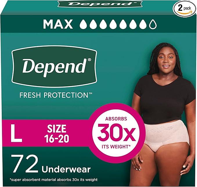 Depend Fresh Protection Adult Diapers, Incontinence & Postpartum Bladder Leak Underwear for Women, Disposable, Maximum, Large, Blush, 72 Count (2 Packs of 36) Depend Fresh Protection Adult Diapers, Incontinence & Postpartum Bladder Leak Underwear for Women, Disposable, Maximum, Large, Blush, 72 Count (2 Packs of 36)