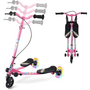 AODI Swing Scooter for Kids, 3 Wheels Foldable Wiggle Kick Scooter Push Drifting with 4 Adjustable Handlebar & 2 Rear LED Wheel for Boys and Girls Ages 3-8 (Pink)