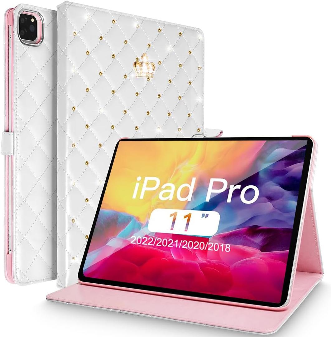 iPad Pro 11 Inch Case 2022/2021/2020/2018, Cute Crown Bling Diamond PU Leather Smart Auto Sleep/Wake Stand Shockproof Cover for iPad Pro 11 Inch, White