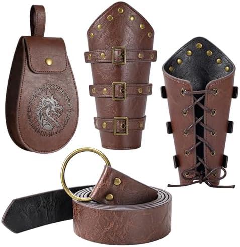 Berenlu 3 PCS Renaissance Accessories, Viking Belt, Medieval Vintage Belt Pouch & Leather Bracers for Halloween LARP Cosplay