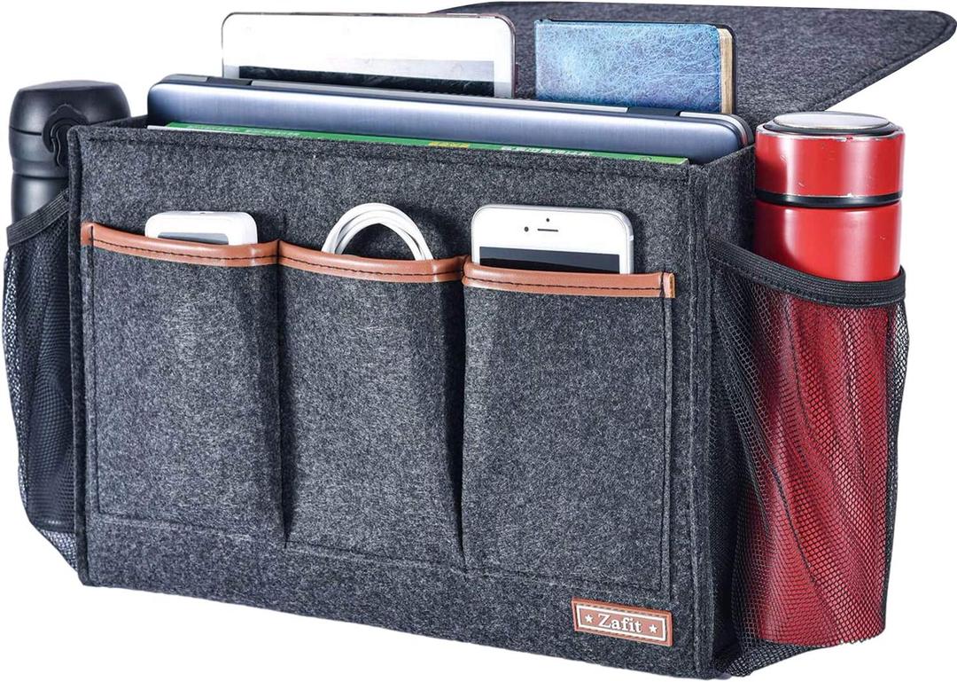 Bedside Caddy, Large Size Storage Organizer with 8 Pockets - Holds Magazines, Remotes, Phone (13.4'' x 18.1'', Dark Grey)