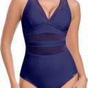 RELLECIGA Womens Mesh One Piece Swimsuit V Neck Tummy Control Bathing Suit Slimming Swimwear (M)