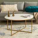 Walker Edison Modern Glam Round Accent Faux White Marble Coffee Table with Gold X-Base, 35.5 Inch, 36 Inch