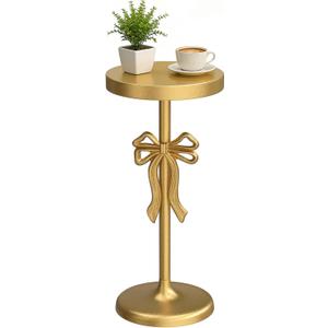 Gold Drink Table, Metal Martini Side Table - 9.9" x21.7'', Gold Small Accent Table with Bow Decoration, Pedestal End Table for Small Spaces, Standard